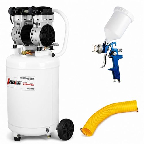 Kit Compresor Libre de Aceite 80L 2.5 HP + Manguera + Pistola para Pintar HVLP Silverline