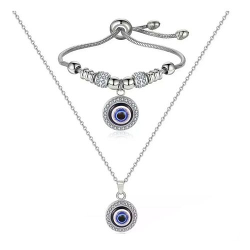 Collar Y Pulsera de Ojo Turco Color Plata