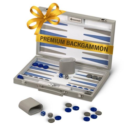 Juego de backgammon Queensell con estuche de cuero PU gris de lujo