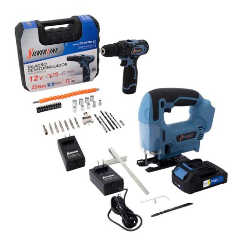 Kit de Taladro Destornillador Inalámbrico + Caladora de Velocidad Variable Inalámbrica Silverline  Color Azul