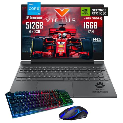 Laptop Hp Gamer Victus Core i5-13420h RTX 4050 512GB 16GB RAM 15.6" FHD 144Hz color Mica silver Windows 11 + Teclado y Mouse