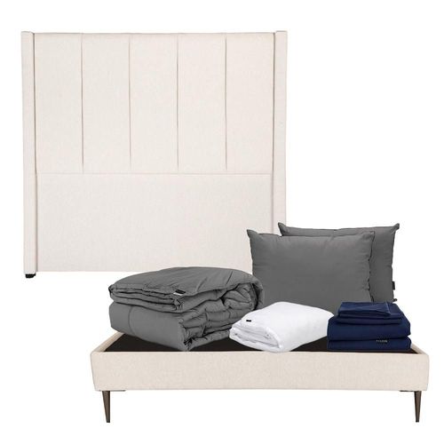 Cabecera Queen Size Nizza Beige + Base Cama Slim + Blancos Dicasa CZD
