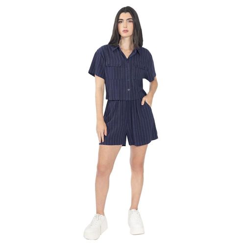 Short De Lino Rayado Con Cintura Elástica Para Mujer Quarry