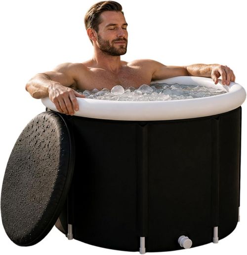Bluelander Tina de Hielo  416 L, Tina Inflable para Adulto 95 × 75 cm, Recuperación Muscular de -25° a 50°C, con Tapa Térmica y Drenaje Rápido, Negro