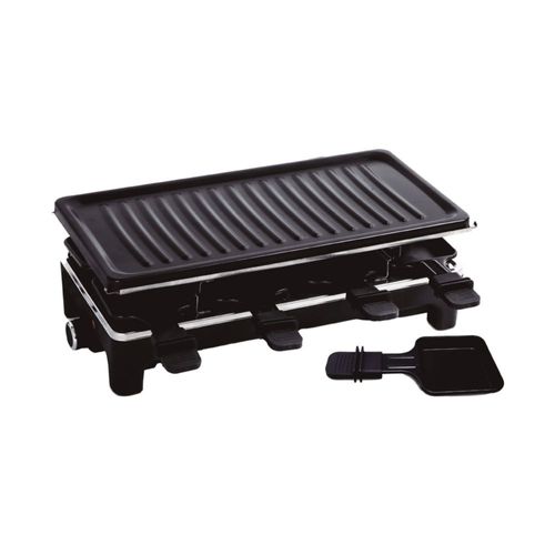 RCA Parrilla Raclette Eléctrica RC-47 con Superficie Antiadherente, Termostato Ajustable, 8 Platos, Luz Indicadora, Base Cromada