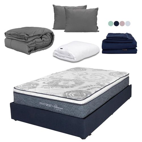 Colchón Queen Size Ghana Azul+ Base Cama+ Almohada+ Protector+ Sabanas+ Edredón CDZ