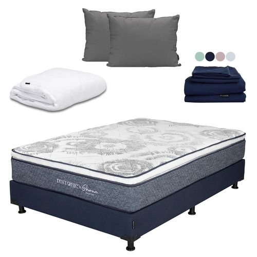 Colchón Matrimonial Ghana Azul+ Box+ Almohada 2Pack+ Protector Cloud+ Sabanas Softy CDZ
