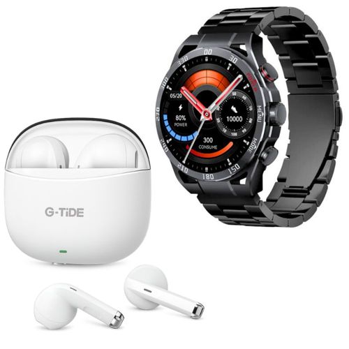 Audífonos G-Tide L21 Blanco con Smartwatch Filwans GTR Negro