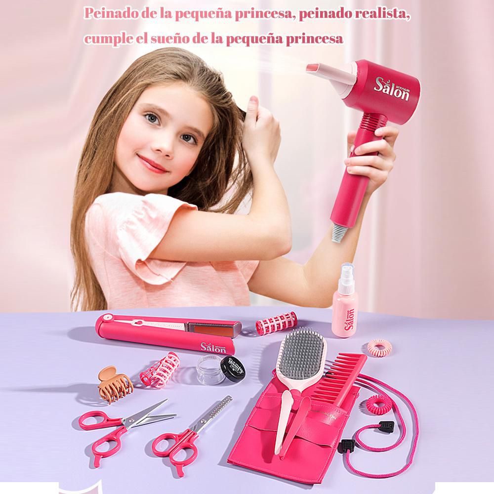 Sanlebi Set De Peluquería Infantil 25 Piezas Con Secador Que Sopla Aire, Tijeras, Cepillos Y Delantal – Juguete De Estilista Para Niñas Y Niños +3 Años