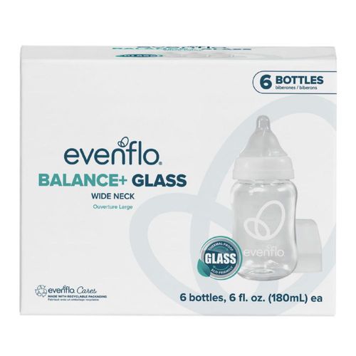 Biberones Evenflo Balance+ de vidrio con cuello ancho 180 ml paquete de 6