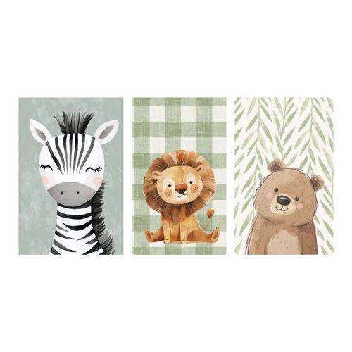 Set 3 Cuadros Decorativos 40x60cm C/u Impresos En Tela Animales Tonos Verdes
