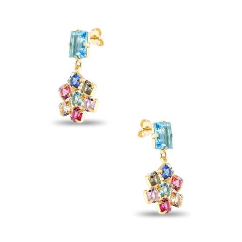 Aretes De Flor De Plata Dorada 925 Con Piedras De Color