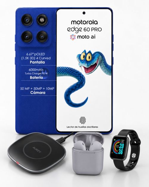 Motorola Moto Edge 60 pro Azul 12GB RAM 256GB pOLED curva 120hz con cargador inalámbrico, smartwatch y Audífonos inalámbricos