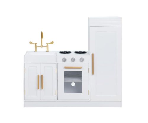 Cocinita de juguete para niños Modelo Victoria color blanco con terminados en color dorado. Medidas: 91 x 30 x 84 cm.