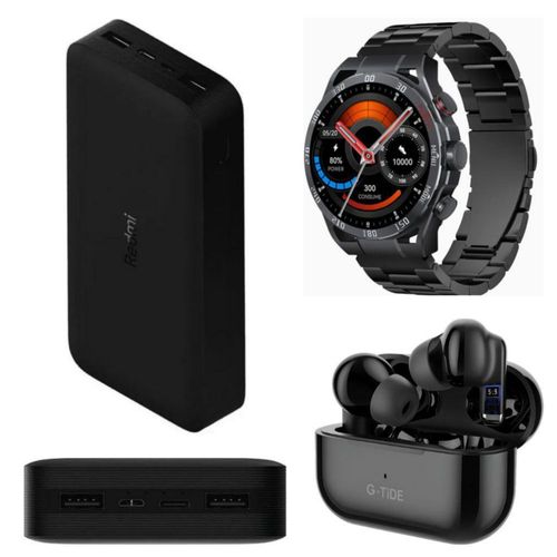 PowerBank Xiaomi Redmi Fast Charge 20000 mHa con Smartwatch Filwans GTR Negro y Audifonos G-Tide L22