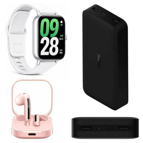 PowerBank Xiaomi Redmi Fast Charge 20000 mHa con Xiaomi Watch 5 Active Plata y Xiaomi Buds 6 Active Rosa