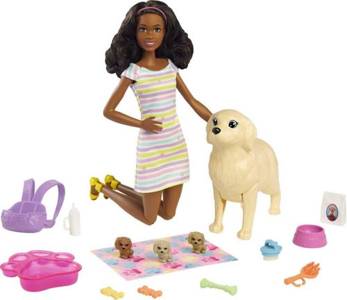 Muñeca Barbie y Mascotas, muñeca Morena con Perro Mami, 3 Cachorros re
