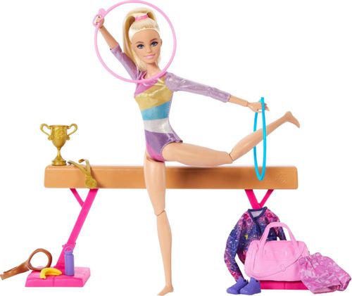 Barbie, Profesiones, Set de Juego Gimnasta, Muñeca con Cabello Rubio,