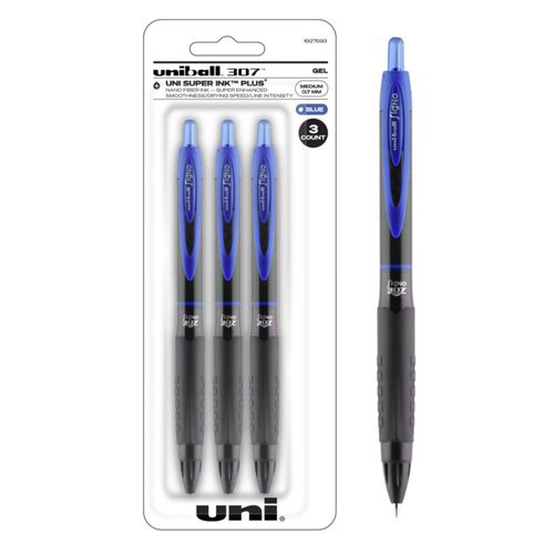 Bolígrafo de gel Uni-Ball 307 retráctil punta media de 07 mm azul paquete de 3