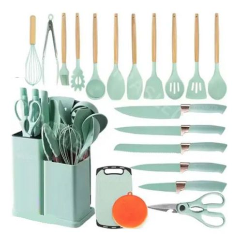 Set De Utensilios y Cuchillos de 20 Piezas, Silicona y Acero Inoxidable Verde