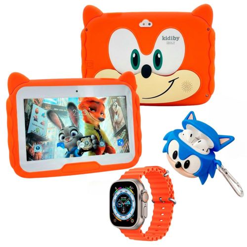 Combo Infantil Sonic: Tablet Kidiby 7" 128GB + 8GB RAM + Smartwatch T900 Ultra + Audífonos Bluetooth TWS con Funda 3D