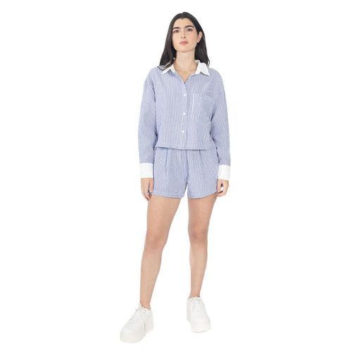 Blusa Rayada De Manga Larga Con Cuello Camisero Para Mujer Quarry