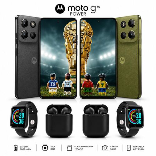 2 Moto G15 POWER 256GB 8GB RAM Gris y Verde con Smartwatch y Audífonos inalámbricos