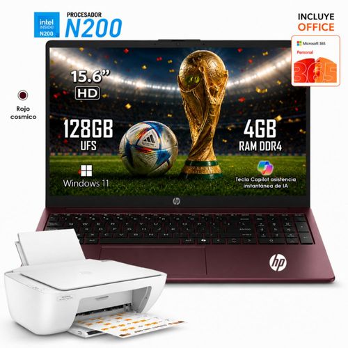 Laptop HP 15-FD0088WM Intel N200 15.6” 128GB 4GB RAM Tinto ( Roja ) W11 incluye Microsoft 365 + Impresora Multifuncional HP