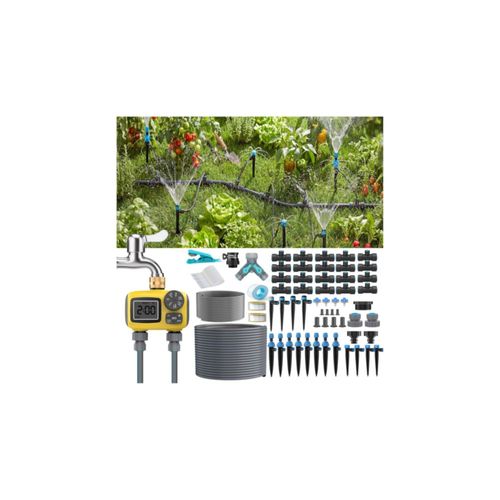 Kit de riego por goteo TRJZWA de 46 m temporizador de 2 zonas 16 boquillas