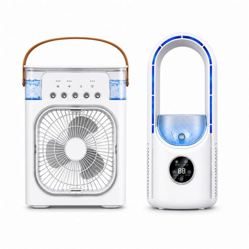 Set Ventilador Sin Aspas con Humidificador 6 Velocidades + Mini Aire Acondicionado Portátil USB 4 en 1, Tanque 600 ml, Oscilación y Luz LED