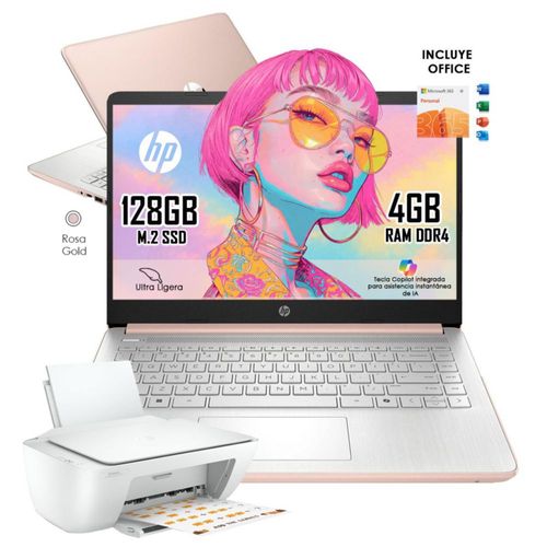 Laptop HP 14-dq6015dx Intel N150 4GB RAM 128GB SSD Rosa Windows 11 + Office incluido + Impresora Multifuncional HP