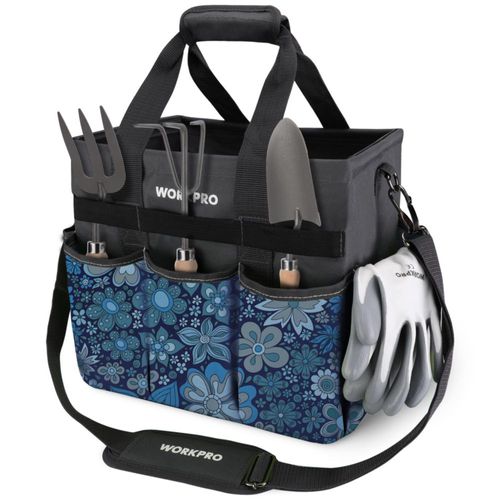 Bolsa para herramientas de jardín WORKPRO resistente de alta durabilidad con 10 bolsillos azul floral