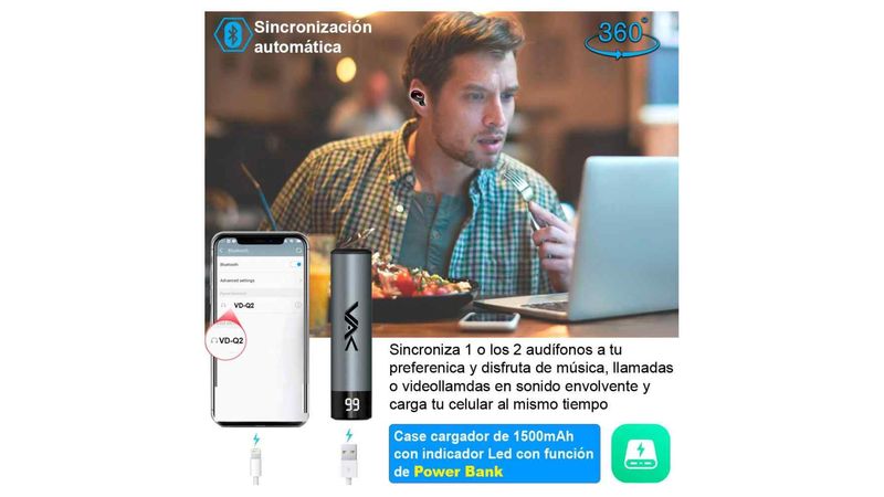 AUDIFONOS VAK Q2 BLUETOOTH POWER BANK MANOS LIBRES TWS Elektra