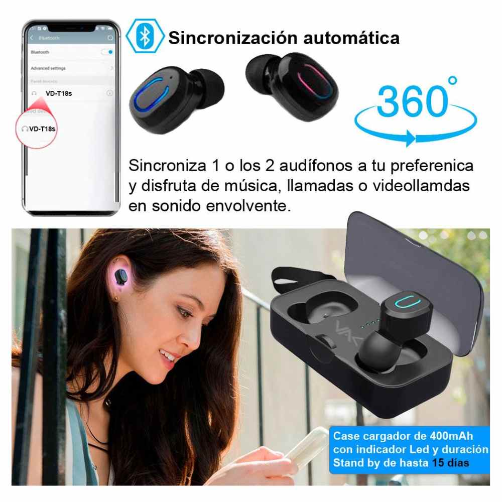 AUDIFONOS VAK T18 BLUETOOTH BASE DE CARGA MANOS LIBRES TWS