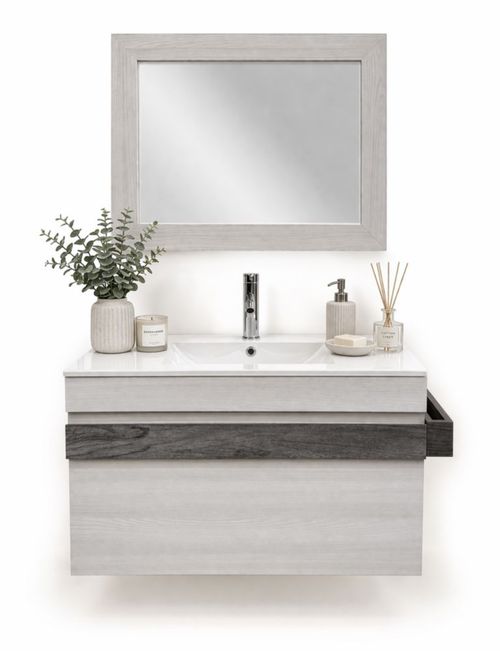 Kit Para Baño 4 en 1 Rivera Teka Ártico Flotante Con Gabinete Lavabo Cerámica Monomando Y Espejo