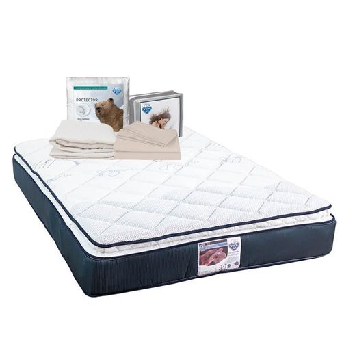 Colchon Spring Air Mónaco Queen Size Azul+ Protector Ultra+ Sabanas Basic TRY