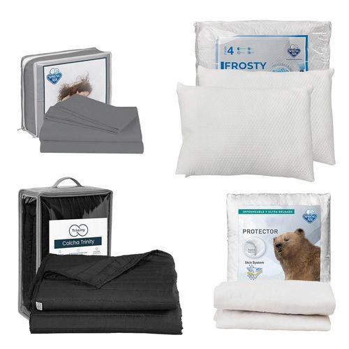 Colcha Acabado Ultrasonico Queen Size Trinity Negro + Protector Ultra + Sábanas Basic + 2 Almohadas Frosty TRY