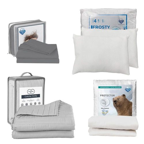 Colcha Acabado Ultrasonico King Size Trinity Gris + Protector Ultra + Sábanas Basic + 2 Almohadas Frosty TRY