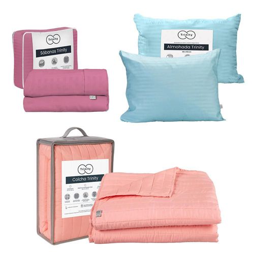 Colcha Acabado Ultrasonico Individual Trinity Rosa + Sábanas Trinity + Almohada Trinity TRY