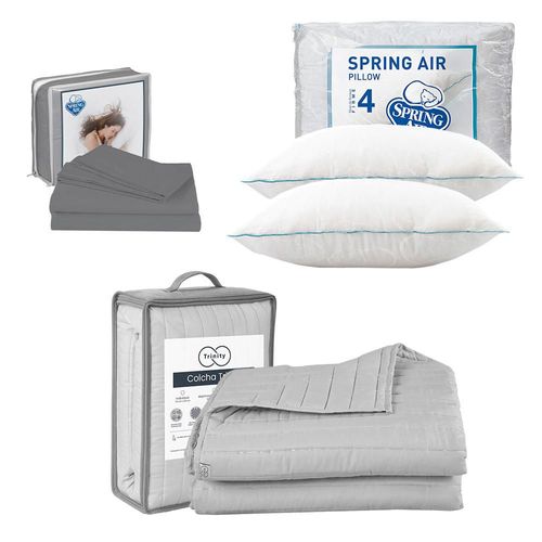 Colcha Acabado Ultrasonico Queen Size Trinity Gris + Sábanas Basic+ 2 Almohadas Osos TRY