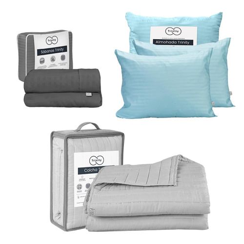 Colcha Acabado Ultrasonico Queen Size Trinity Gris + Sábanas Trinity + 2 Almohadas Trinity TRY