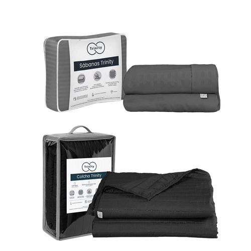 Colcha Acabado Ultrasonico King Size Trinity Negro + Sábanas Trinity TRY