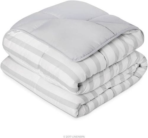 Linenspa - Edredón Acolchado de Plumón Alternativo - Queen - Microfibra Suave e Hipoalergénica blanco con Rayas Gris