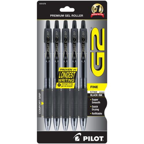 Bolígrafo PILOT G2 0.7 mm Punta Fina Tinta Negra Paquete de 5