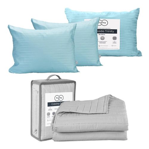 Colcha Acabado Ultrasónico Matrimonial Trinity Gris + 2 Almohadas Trinity TRY