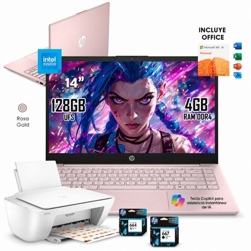 Laptop HP 14-ep2011wm Intel N150 4GB 128GB UFS Rosa Windows 11 + Office incluido + Impresora Multifuncional HP