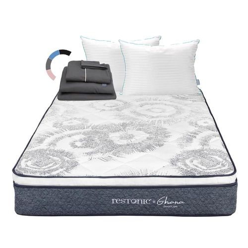 Colchon Queen Size Restonic Ghana Azul+ Almohada Royal Twin+ Sabanas Royal RGH