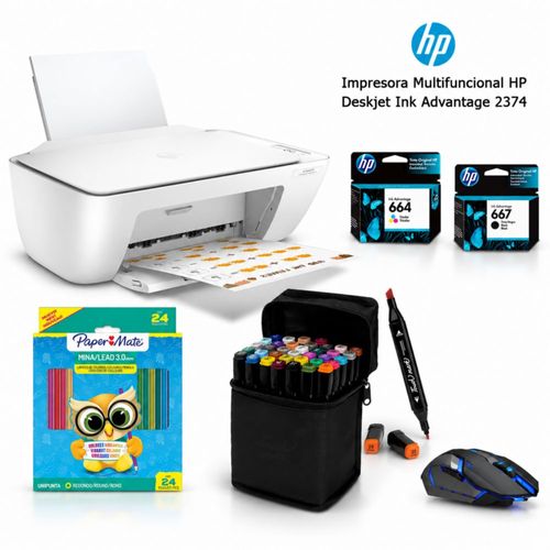Impresora Multifuncional HP Deskjet Ink Advantage 2374 con plumones, colores y Mouse