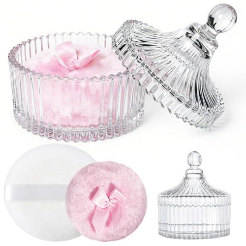 Set de Polvera y Puff Corporal LAKIRA con Contenedor de Cristal de 10 cm