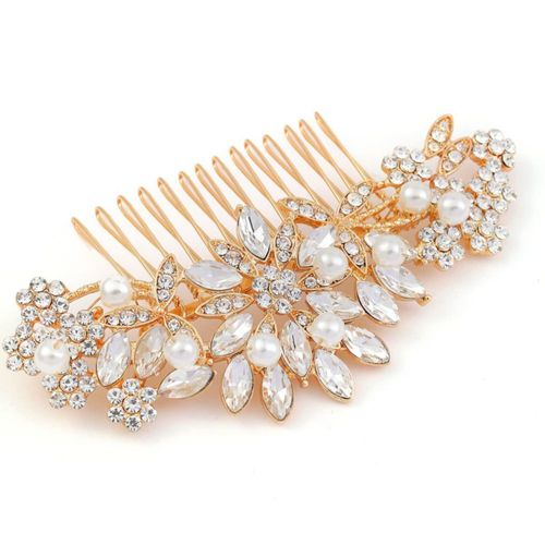 Peineta para cabello Hapibuy con perlas y cristales dorada para boda